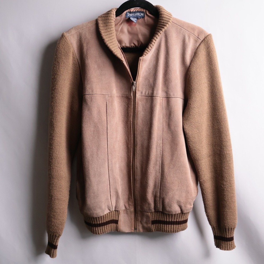 Tarleton Mens Vintage Suede Knit Bomber Jacket Tan Brown Cowhide Leather Medium